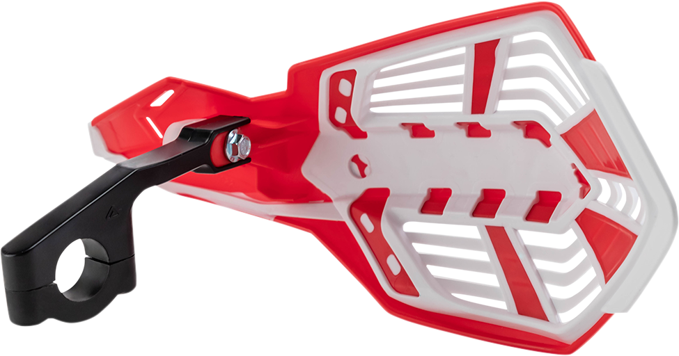 A pair of ACERBIS X-Future red and white motorcycle handguards with body-mounted design on a plain background.