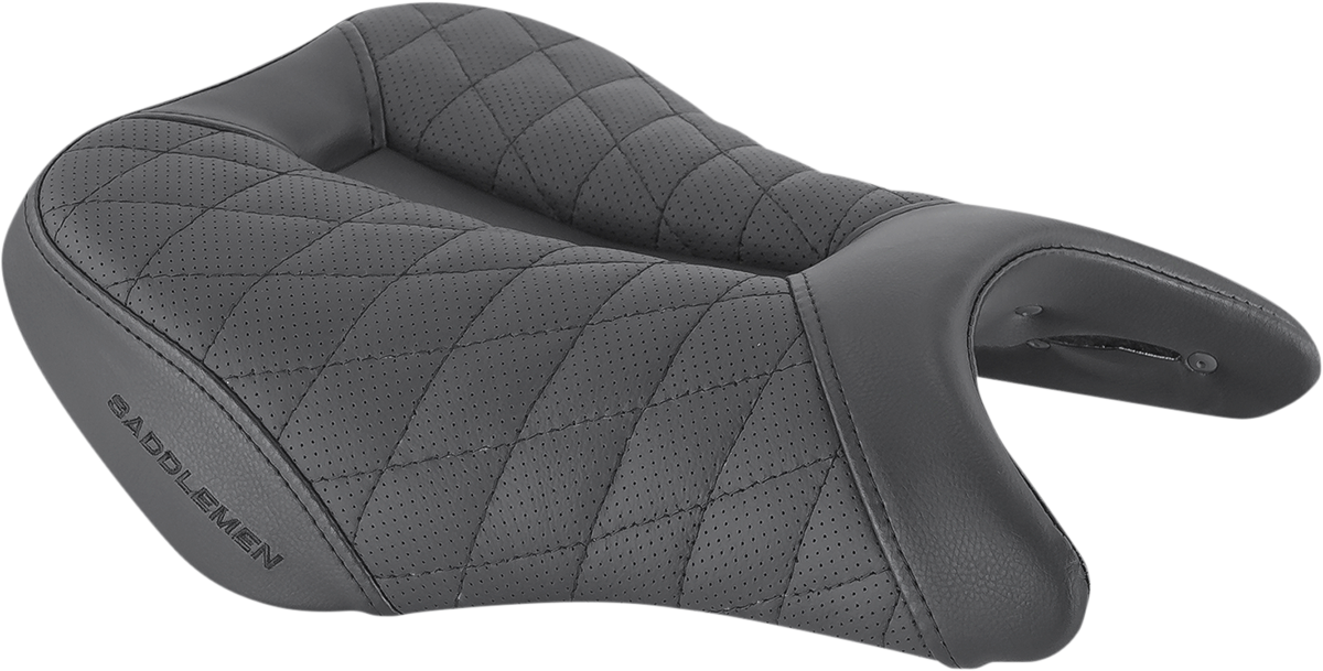 Black SADDLEMEN Track Seat with lattice stitch for GSX '18-'20 motorcycle, showcasing sleek design and comfortable seating.