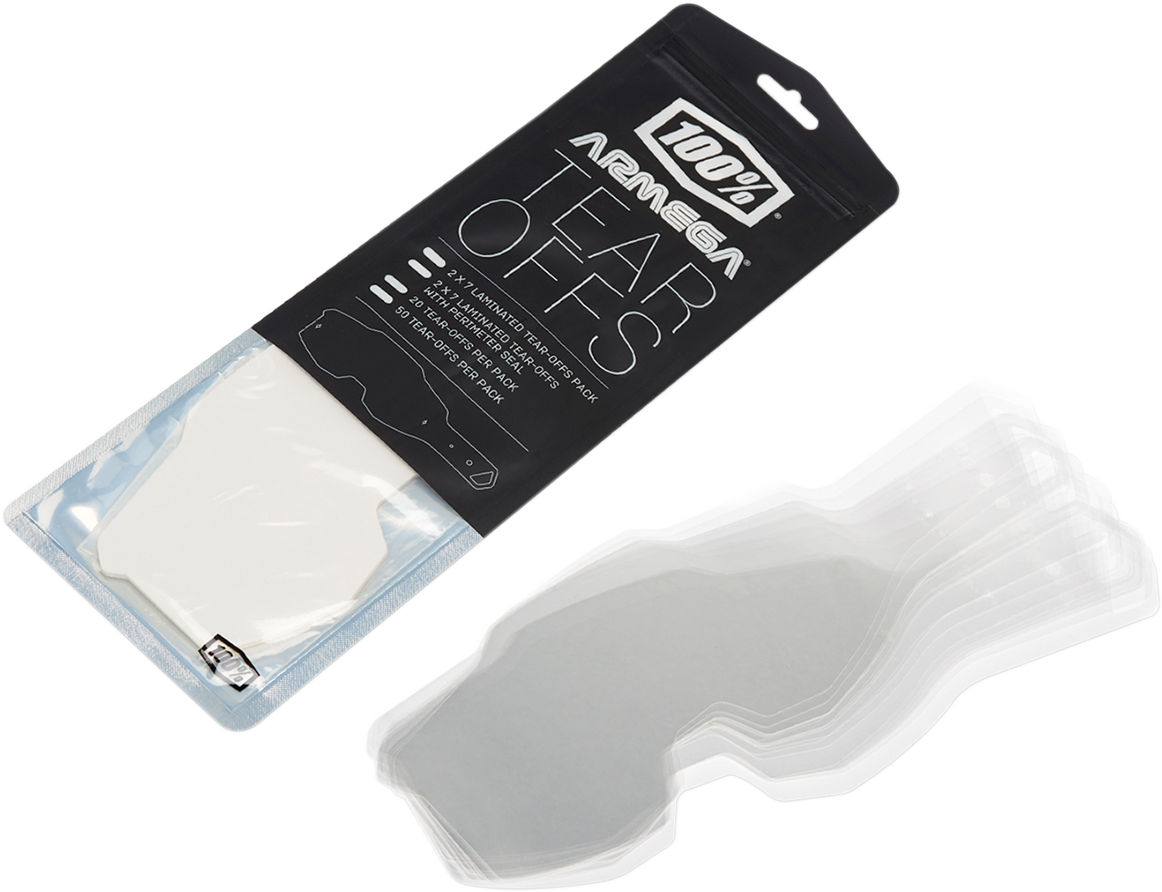 Bill's Exhausts 100% Armega® Tear-Offs Standard 50 Pack, clear plastic racing tear-offs with branding, stacked and ready for use.