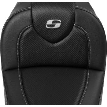 SADDLEMEN RoadSofa™ carbon fiber motorcycle seat for FXDWG 2004-2005 without driver backrest, shown from side angle.