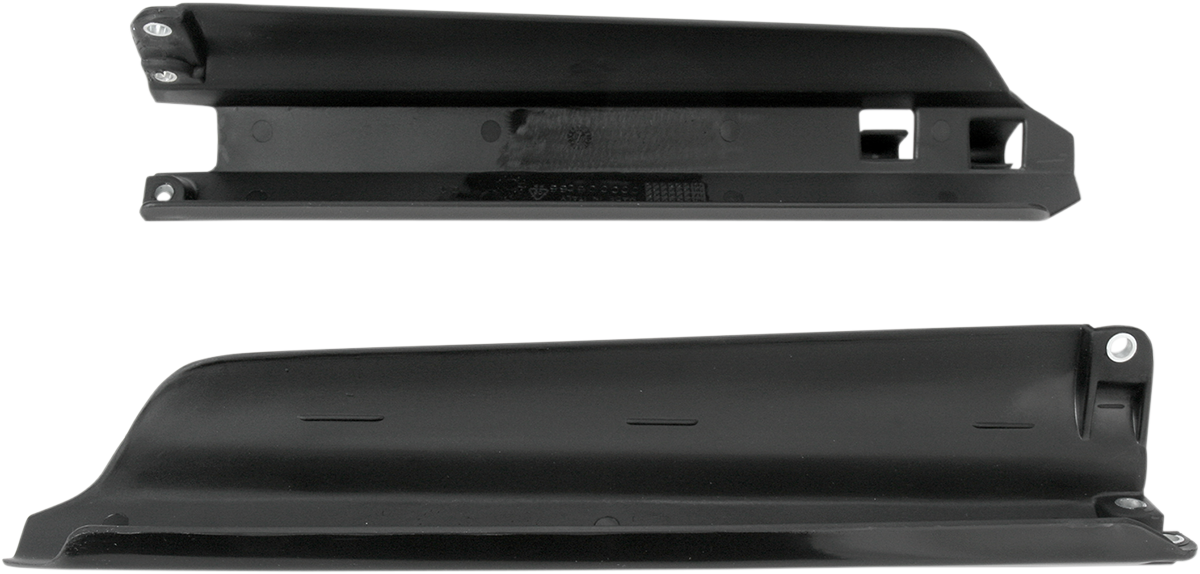 Acerbis black lower fork covers for motorcycle suspension, showcasing sleek black body protection with brand-specific design.