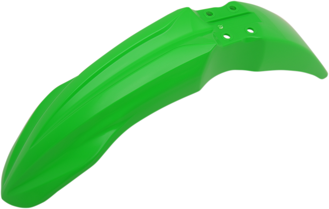 A fluorescent green Acerbis front fender for bikes, made of durable body material, with a sleek, curved design and mounting points.