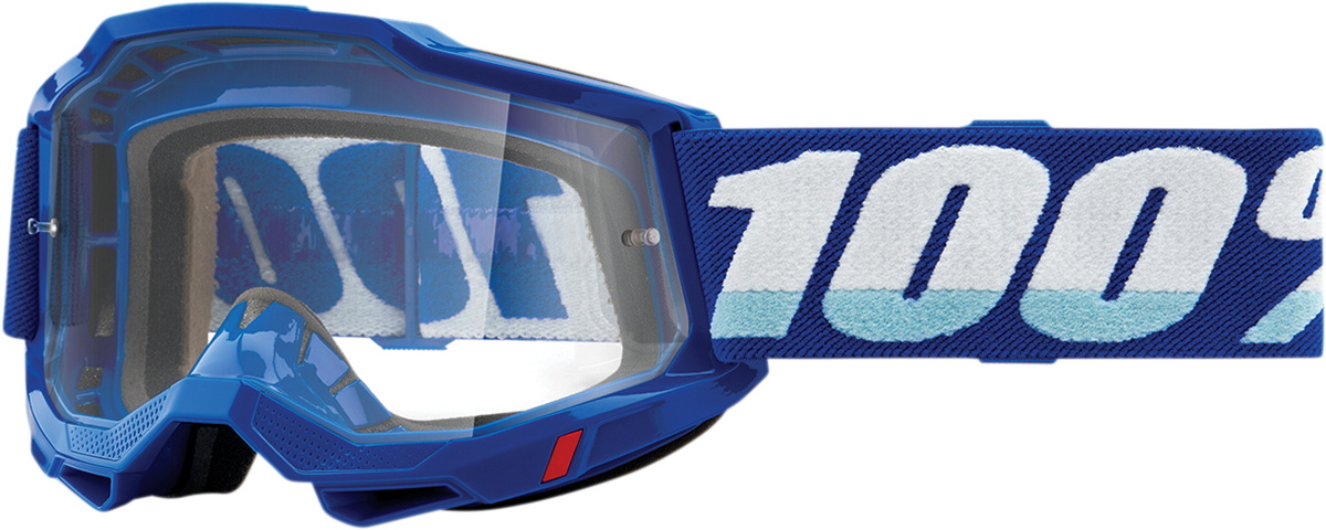Bill's Exhausts 100% Accuri 2 Goggles in blue with clear lenses, featuring adjustable straps and ventilation for comfortable eye protection.