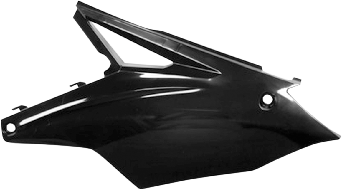 A set of black Acerbis body side panels for motorcycles, featuring sleek design and mounting points, branded by Bill's Exhausts.