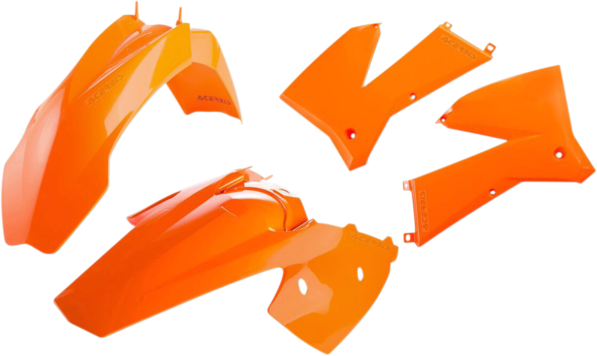 A bright orange Acerbis standard replacement body kit for motorcycles, featuring multiple body panels and designed for easy installation.
