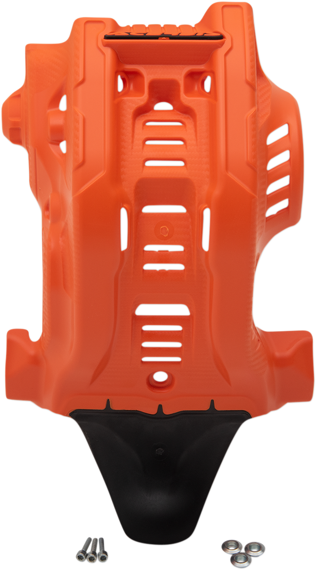 Acerbis orange and black skid plate for Gas Gas, Husqvarna, and KTM dirt bikes, mounted on a motorcycle body.