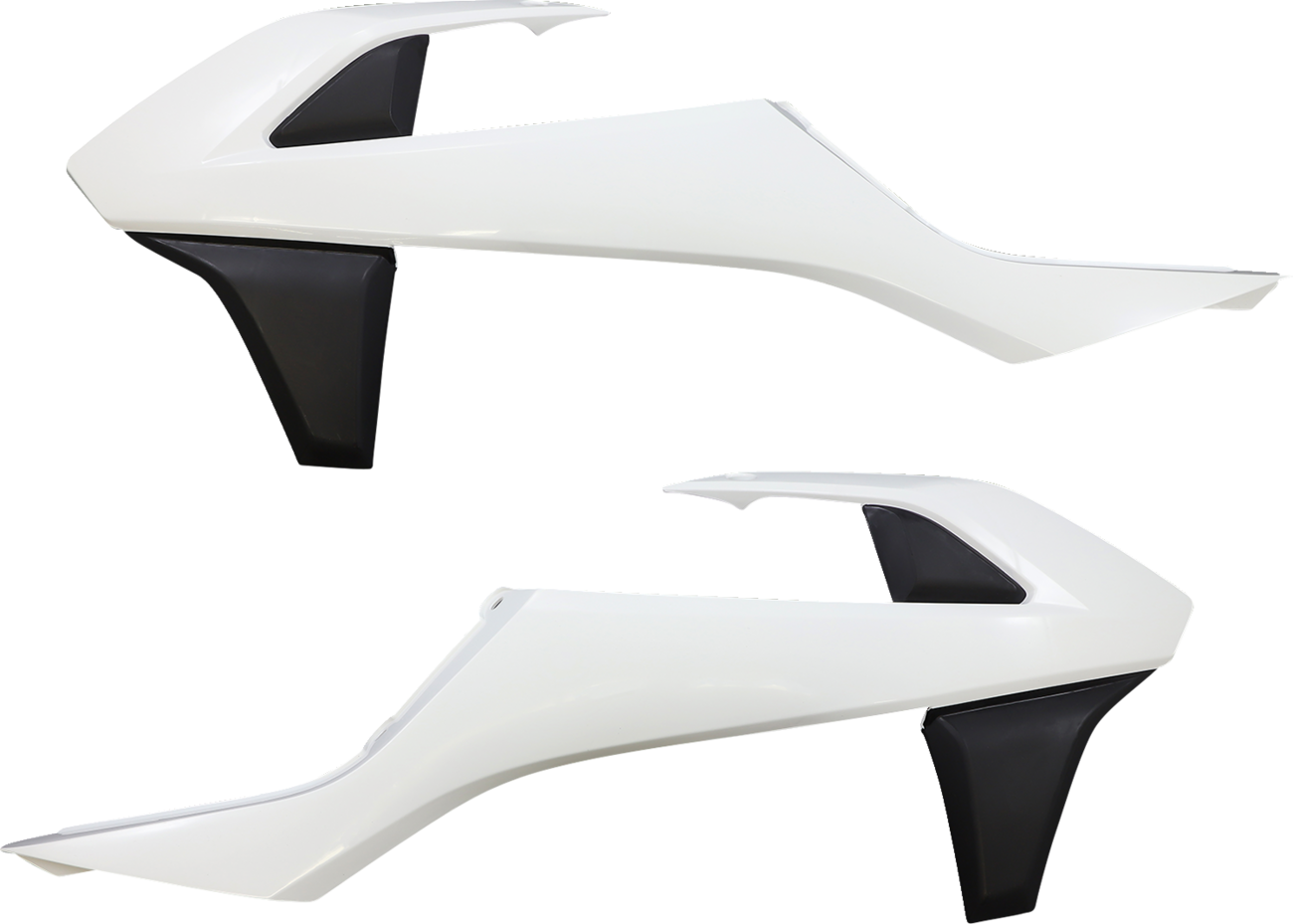 A set of white and black Acerbis radiator shrouds for motorcycle body protection, featuring sleek design and brand branding.