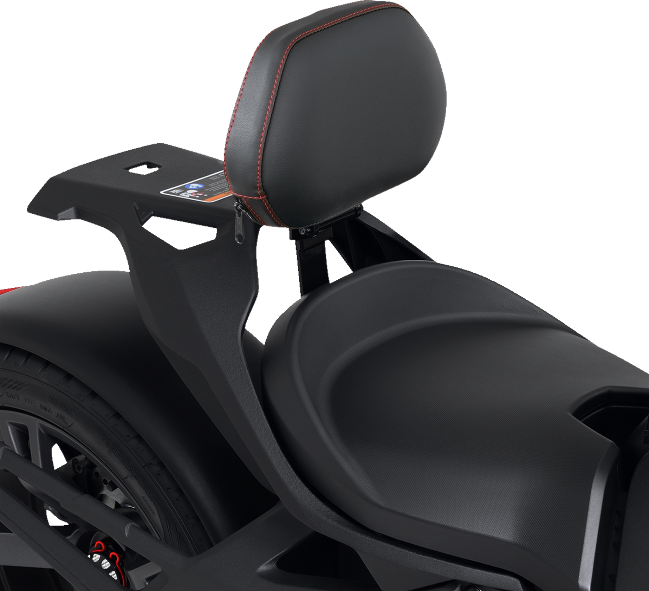 Black Show Chrome quick-detach backrest with red stitching for Ryker 2020-2022 engine, designed for easy removal and installation.