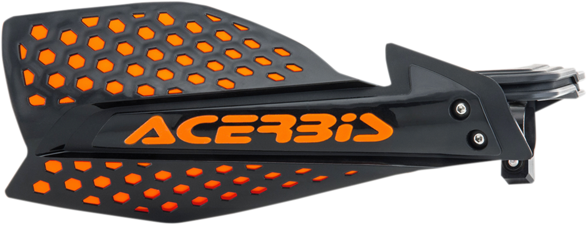 Acerbis X-Ultimate black and orange motorcycle handguards mounted on handlebars, designed for rider protection and style.
