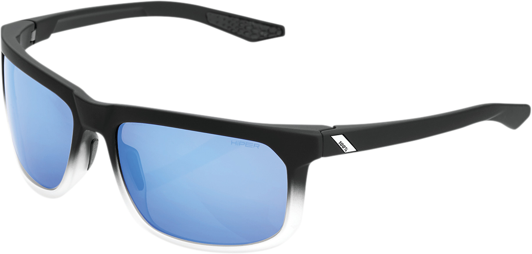 Black 100% Hakan sunglasses with blue mirror lenses, featuring a sleek frame design by Bill's Exhausts.