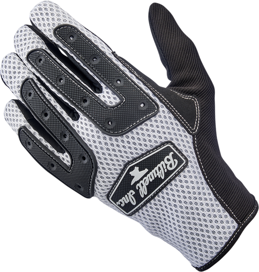 White BILTWELL Anza gloves in medium size, featuring textured leather with reinforced stitching for motorcycle riding comfort.