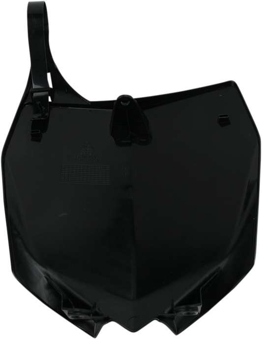 Acerbis black front number plate for motorcycle, body-mounted, with sleek design and mounting points visible.