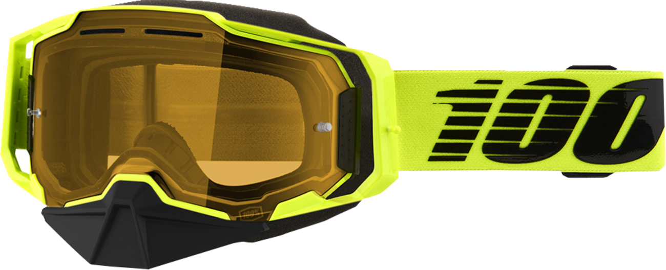 Bill's Exhausts 100% Armega Snow Goggles in Nuclear Citrus yellow with tinted lenses, designed for winter sports and snowboarding.