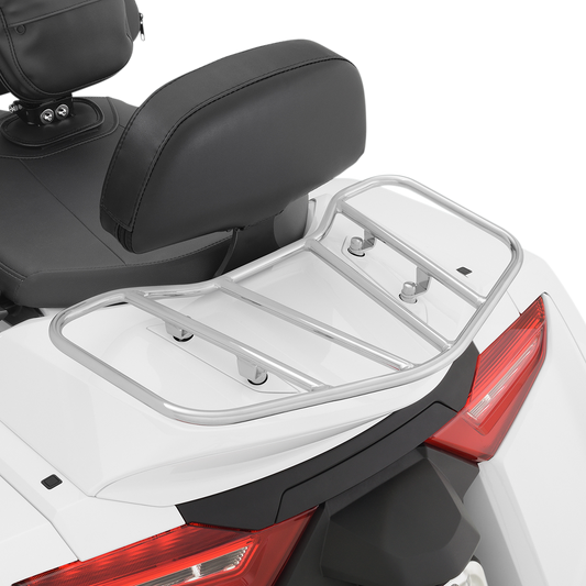Chrome SHOW CHROME luggage rack engine part from Bill's Exhausts with a sleek chrome finish and mounting brackets.