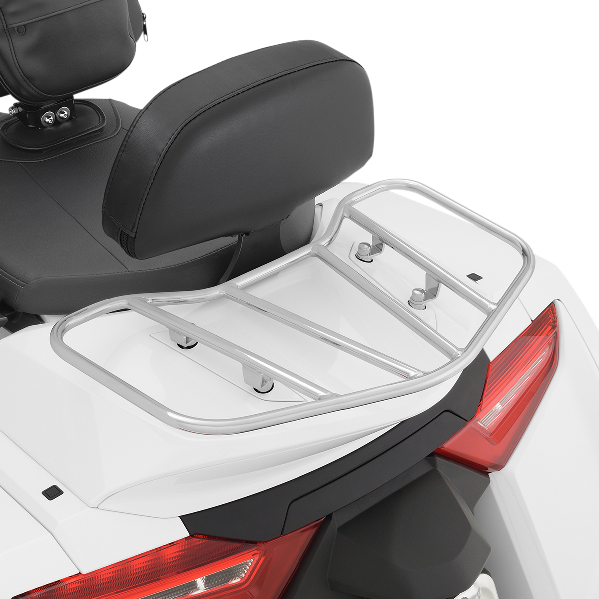 Chrome SHOW CHROME luggage rack engine part from Bill's Exhausts with a sleek chrome finish and mounting brackets.
