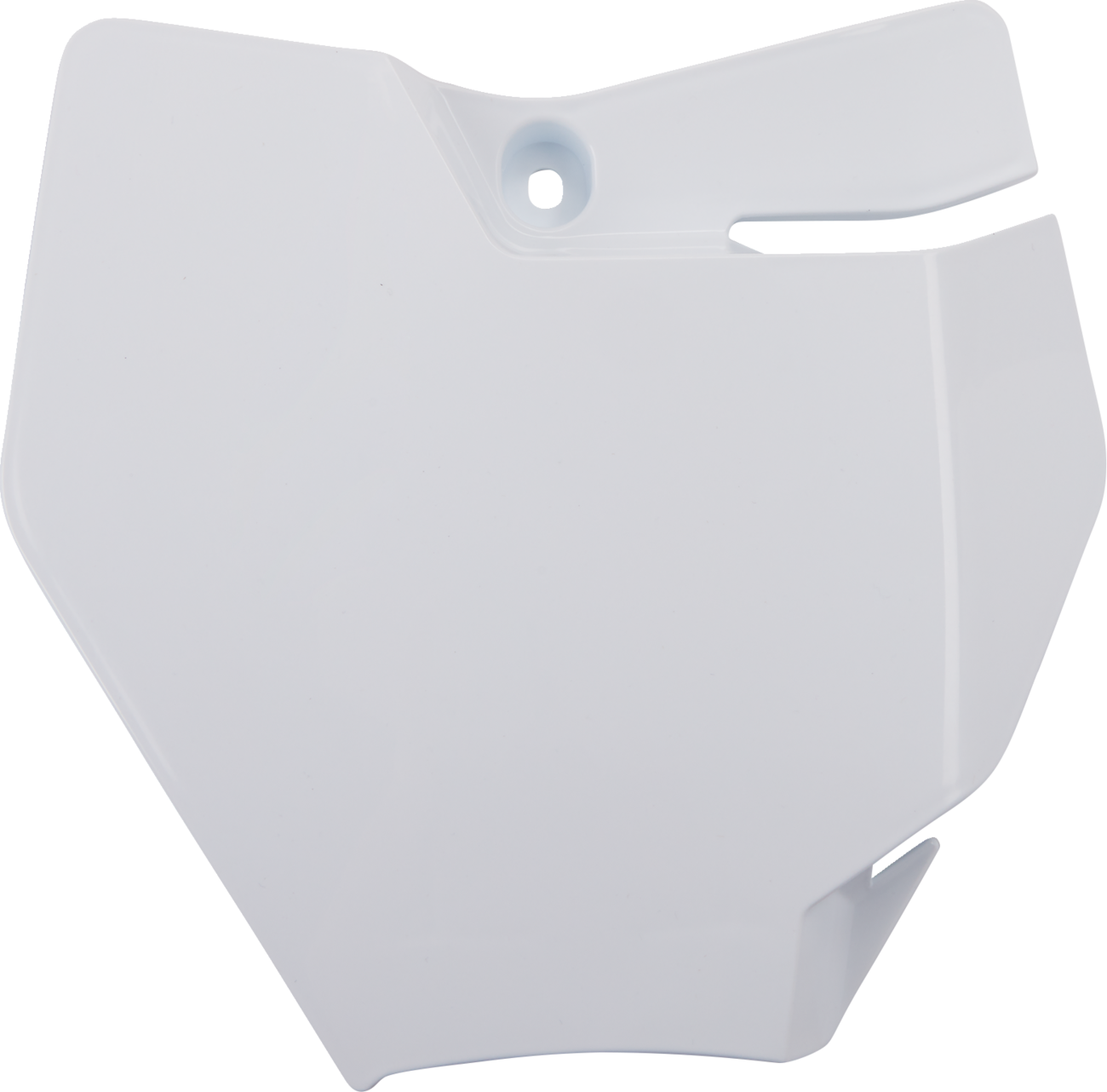 A white Acerbis front number plate for motorcycle, mounted on a bike with visible mounting points and branding details.