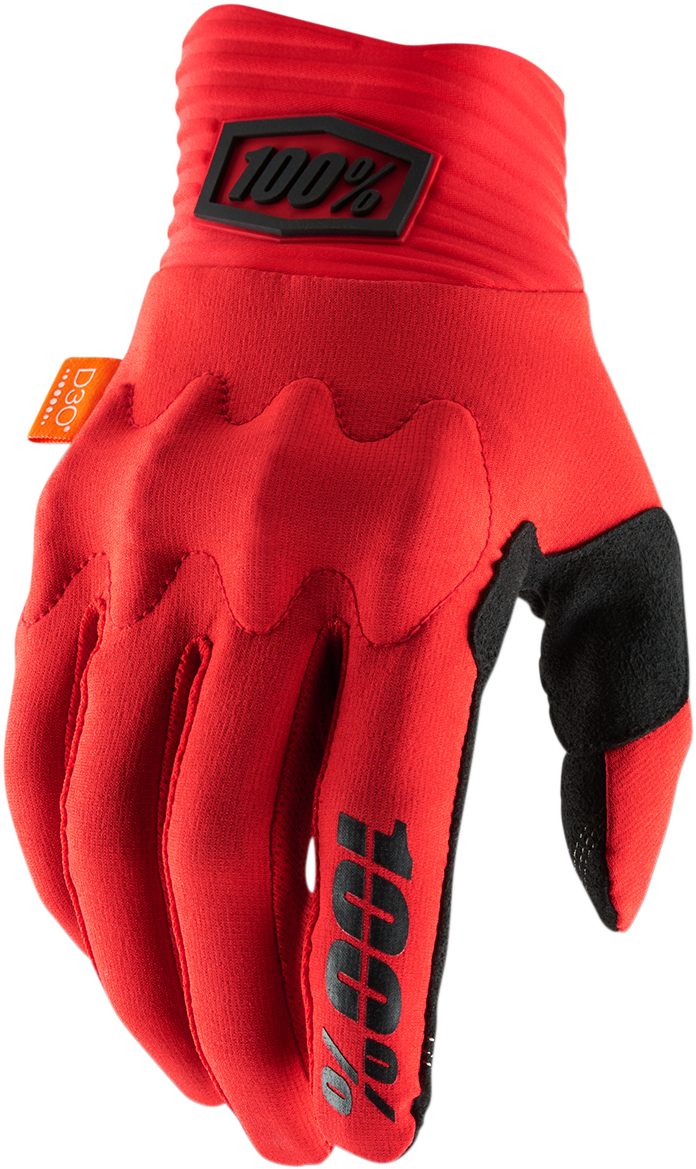 Bill's Exhausts Cognito Gloves in red and black, small size, showing the textured fabric and secure wrist closure.