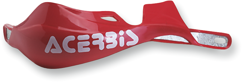A pair of ACERBIS Rally Pro red handguards on a motorcycle handlebar for added protection and style.