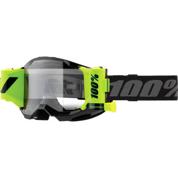 Bill's Exhausts 100% Strata 2 Forecast goggles with clear lens, featuring a sleek frame and adjustable strap for motocross riding.