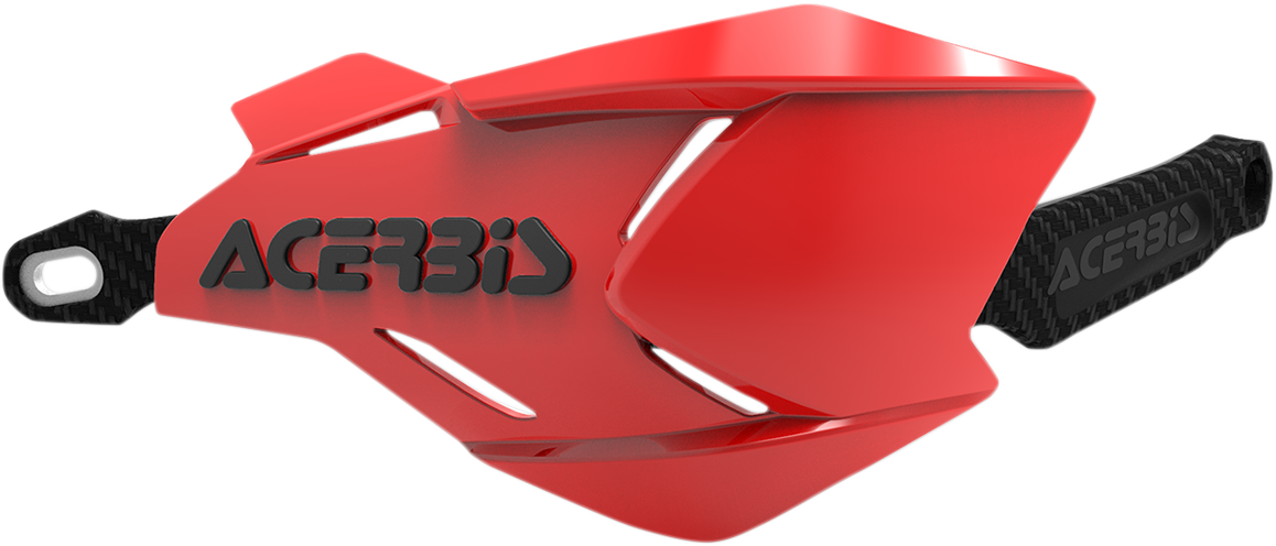 ACERBIS X-Factory Handguards in red and black attached to motorcycle handlebars, providing protection and style.