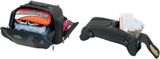 Bill's Exhausts Saddlemens FTB2500 sport sissy bar with combo bag on motorcycle seat in black and chrome finish.