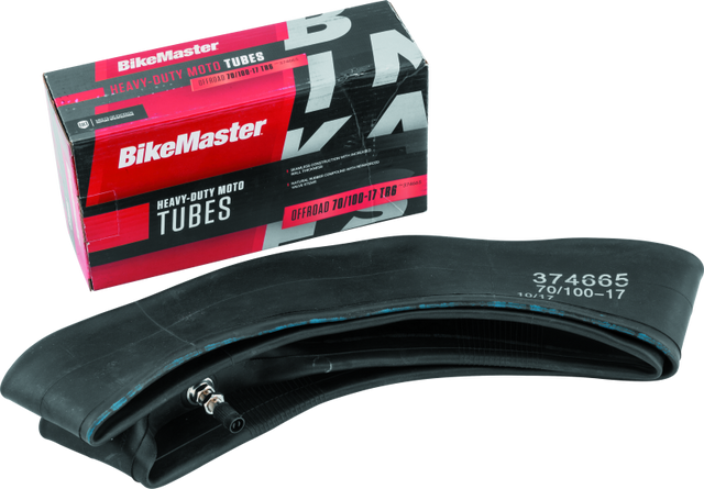 BikeMaster 70/100-17 TR6 heavy-duty inner tube for motocross and trail bikes, shown inflated with valve and rubber construction.