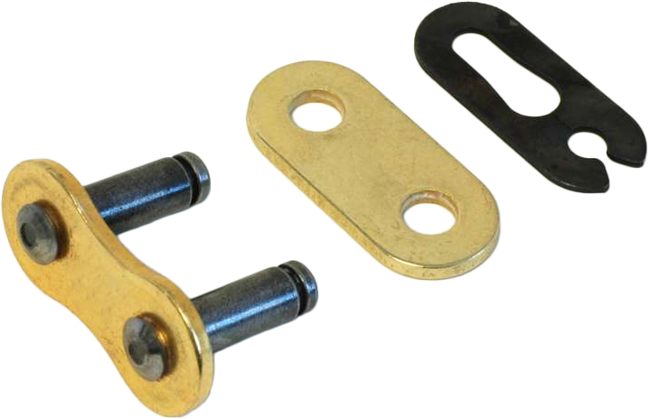 RK EXCEL GB520MXZ5 drive chain with gold finish and rivet master link, featuring durable construction and precise detailing.