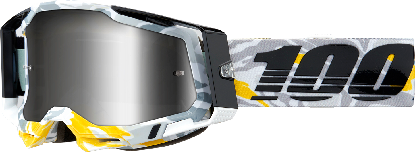 Bill's Exhausts 100% Racecraft 2 Goggles with silver mirror lenses, featuring a sleek design and adjustable strap.