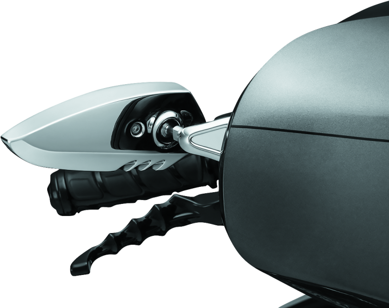 Chrome Kuryakyn Fairing Mount Scythe Mirror for Harley-Davidson Electra Glide and Street Glide motorcycle.