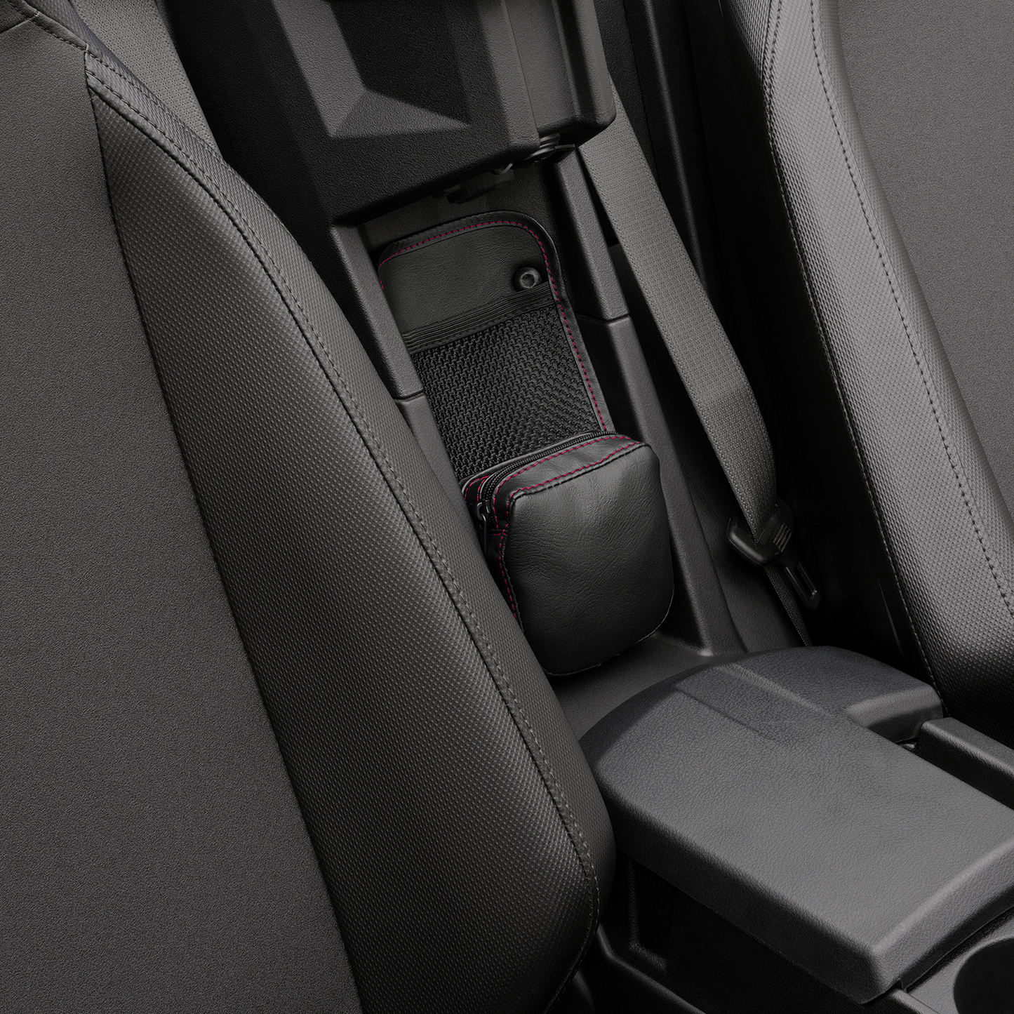 Bill's Exhausts Show Chrome Kaliber Center Console Organizer in black with red stitching for engine storage and organization.