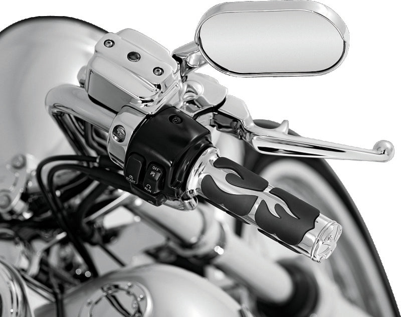 Kuryakyn ISO Flame grips for metric motorcycles, chrome handlebar accessories with stylish, durable design for PowerSports bikes.