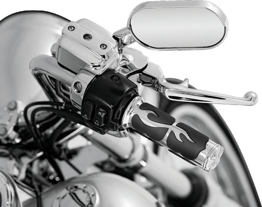 Kuryakyn ISO Flame grips for metric motorcycles, chrome handlebar accessories with stylish, durable design for PowerSports bikes.