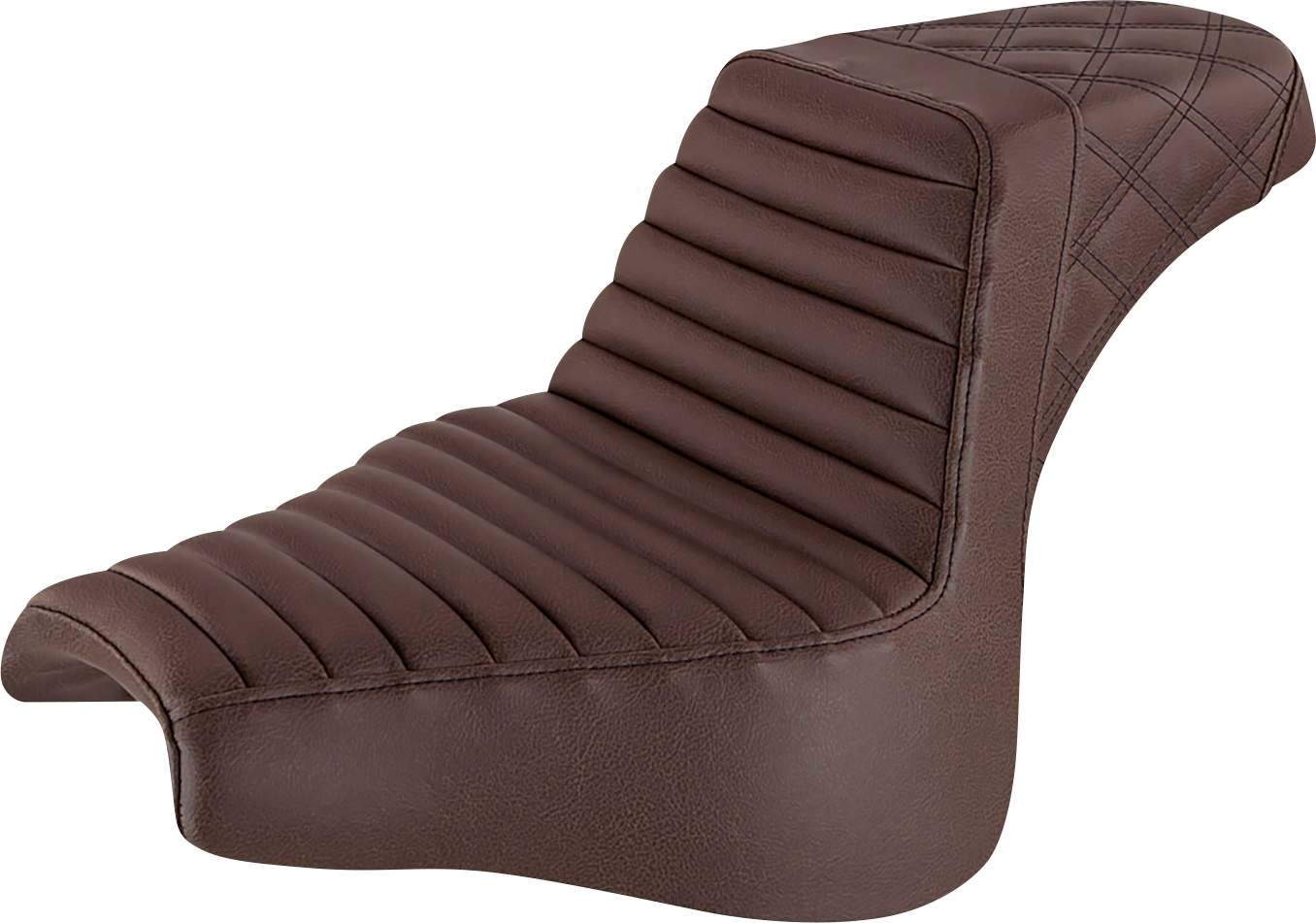 Brown SADDLEMEN Step-Up Seat by Bill's Exhausts with front tuck-n-roll and rear lattice stitch detailing, motorcycle seat for enhanced riding comfort