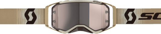 Scott Prospect Goggle in beige and brown with silver chrome frame, featuring clear lens and adjustable strap.