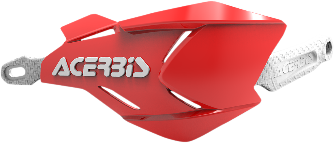 A pair of Acerbis X-Factory handguards in red and white mounted on motorcycle handlebars.