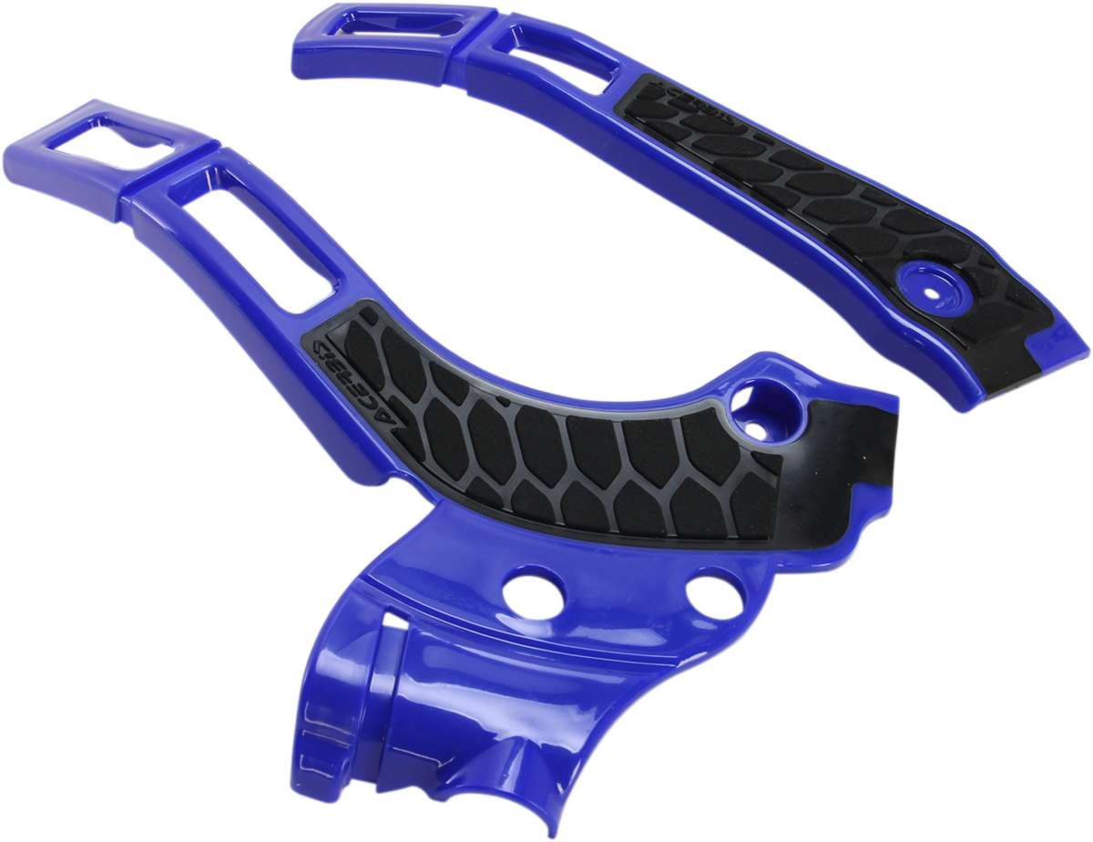 Blue and black Acerbis X-Grip frame guards for motorcycle body protection, designed for durability and fit.