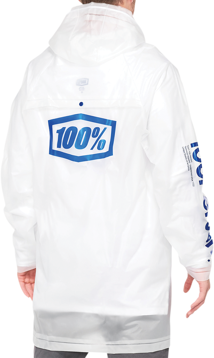 Bill's Exhausts Torrent Raincoat in clear, medium size, made of waterproof material, with a hood and full-length front zipper.