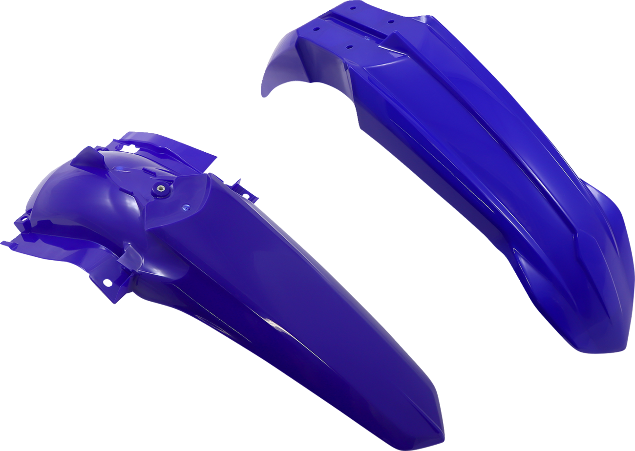 A blue OEM replacement body kit for Yamaha YZ 125/250 dirt bikes, designed by Acerbis, shown on a motorcycle.