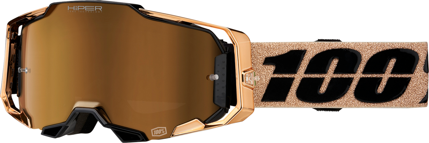 Bill's Exhausts 100% Armega Goggles in bronze with HiPER Bronze Mirror lenses, featuring a sleek, sporty design.