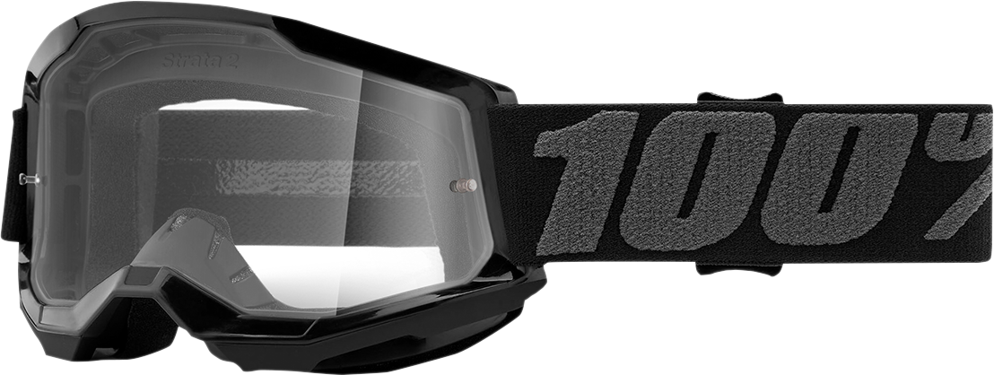 Bill's Exhausts 100% Youth Strata 2 goggles in black with clear lenses, featuring a sleek design for kids' eye protection.