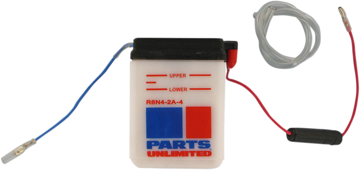 Parts Unlimited 6N4-2A-4 conventional battery for ATVs and scooters, showing the compact, reliable replacement battery.