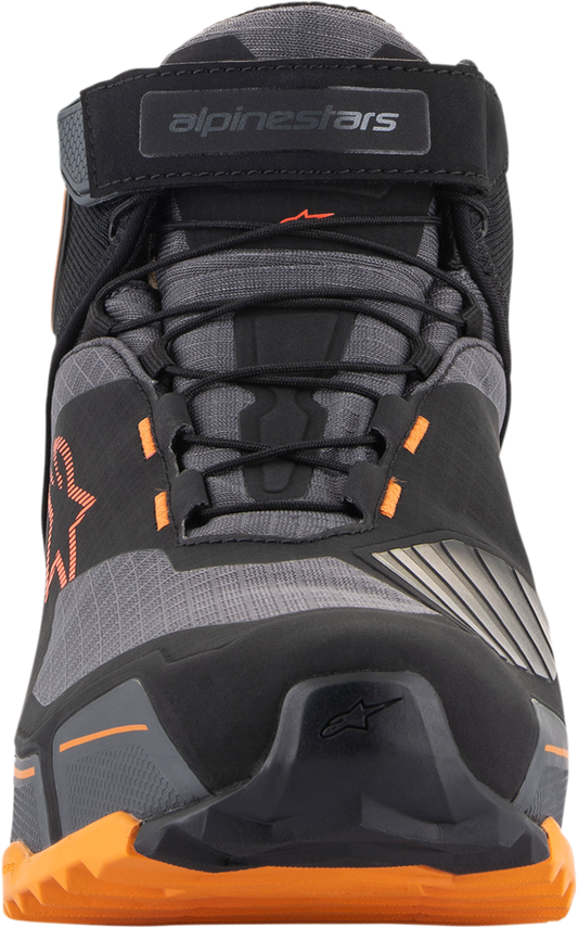 Alpinestars CR-X Drystar shoes in black, brown, and orange, US 12.5, featuring protective design and sporty style.