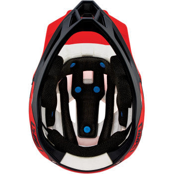 Fluo red Bill's Exhausts 100% Trajecta bicycle helmet with Fidlock buckle in XL size, cargo style, front view.