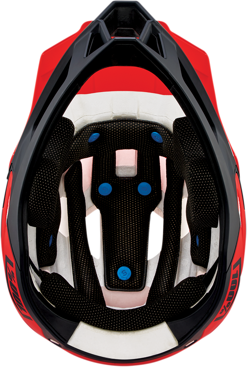 Bill's Exhausts 100% Trajecta bicycle helmet in Fluo Red with Fidlock cargo strap, large size, stylish and secure for cycling safety.