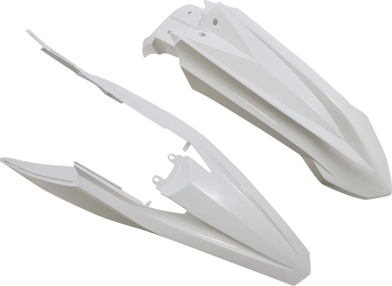A white Acerbis full replacement body kit for motorcycles, showing assembled panels and aerodynamic design.