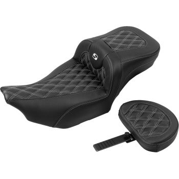 Bill's Exhausts SADDLEMEN Roadsofa™ extended reach motorcycle seat with backrest, lattice stitch, silver thread for FLTR/FLHX 2023-24