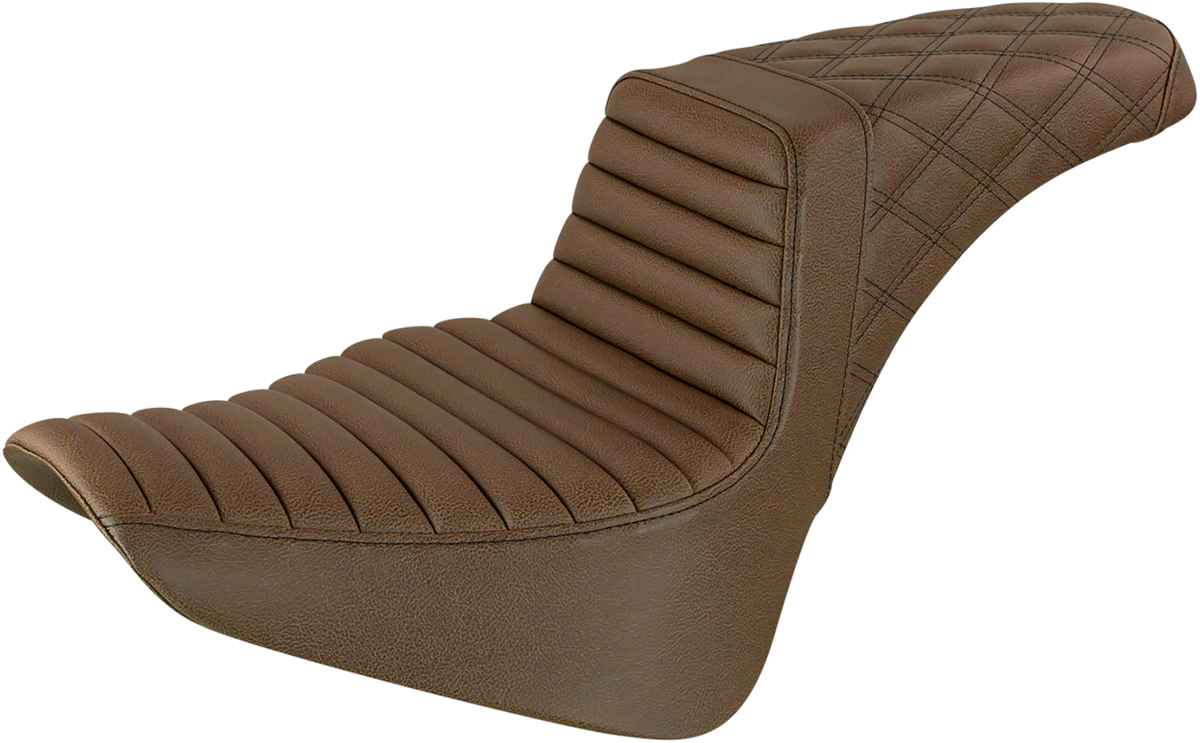 Brown SADDLEMEN Step-Up Seat by Bill's Exhausts with front tuck-n-roll and rear lattice stitch for motorcycle riding comfort.