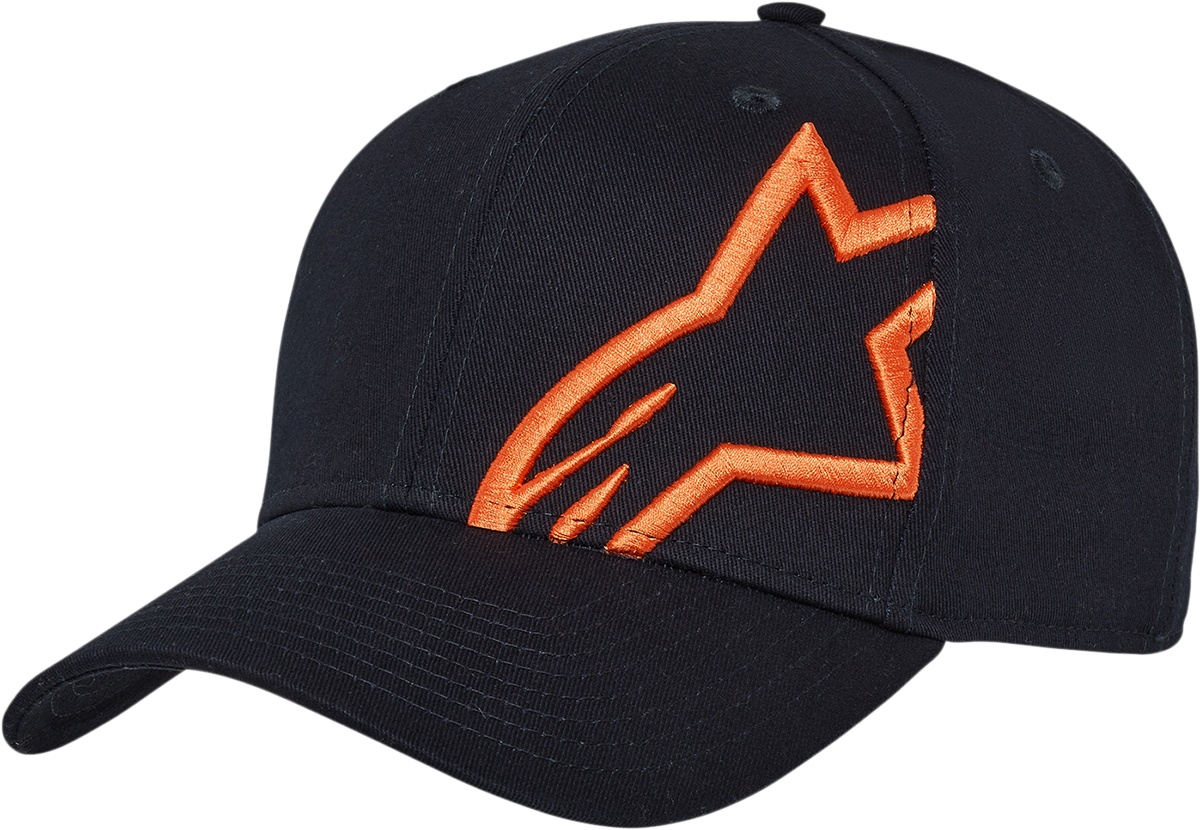 Alpinestars Corp Snap 2 hat in navy and orange with adjustable snapback, featuring branding and stylish design.