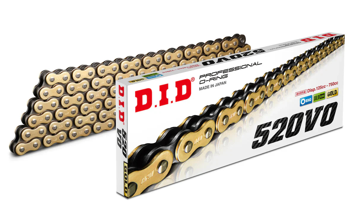 Warp9Racing DID VO Drive 520 chain with gold finish, featuring durable metal links for motorcycle chain drive system.