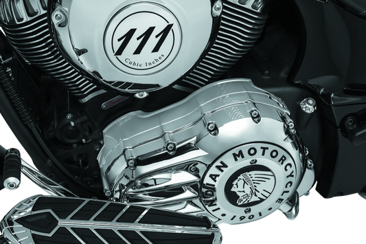Chrome Kuryakyn Inner Primary Cover for 2014-2017 Indian motorcycle models, showcasing a polished, reflective finish.